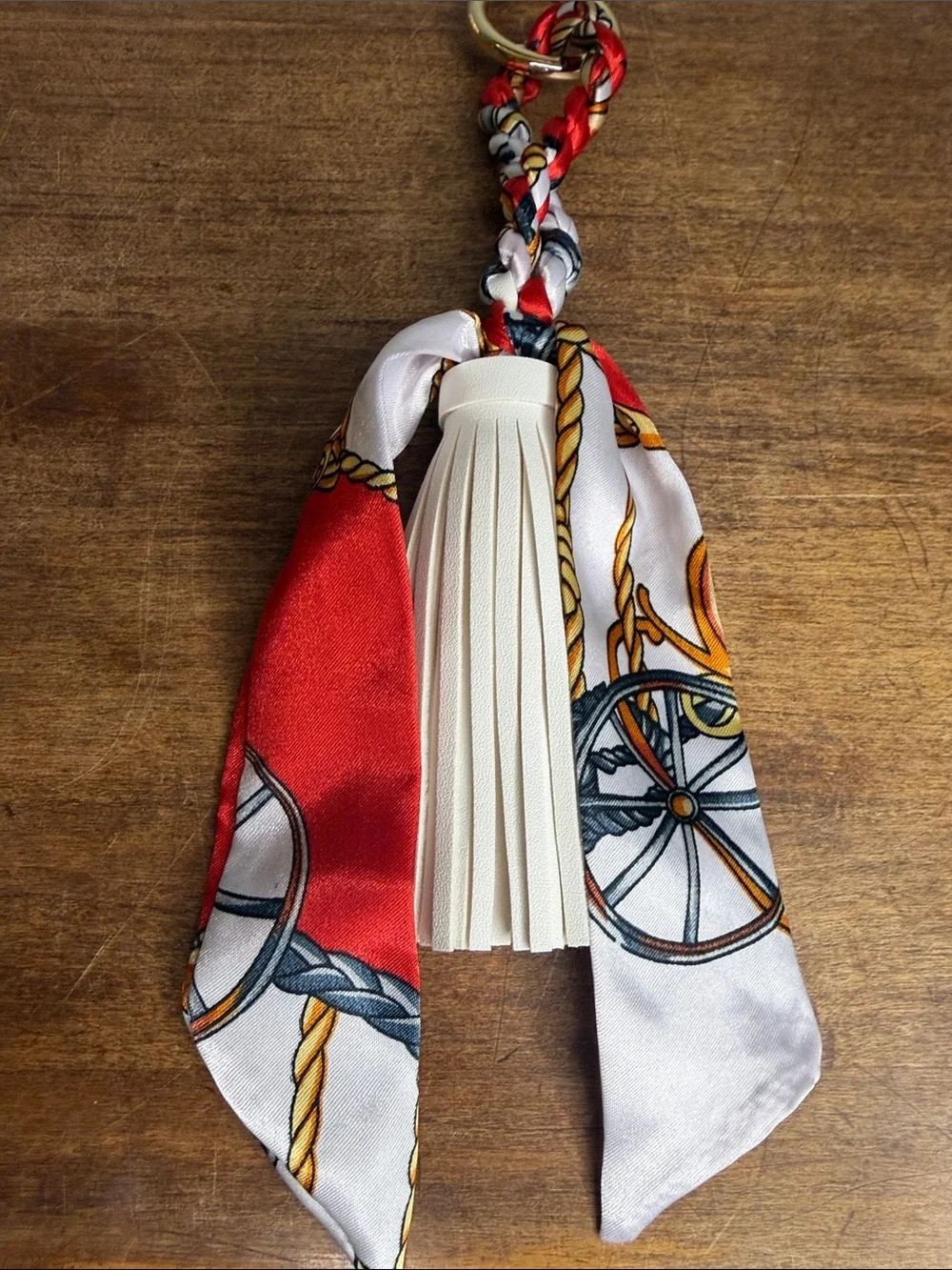Red and Cream Scarf Tassel Bag Charm Keychain
